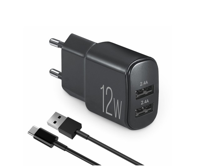 Сетевое зарядное устройство Brevia ePower 12W 2xUSB-A + кабель USB-A to USB-C 1м черный, цена: 326 грн.