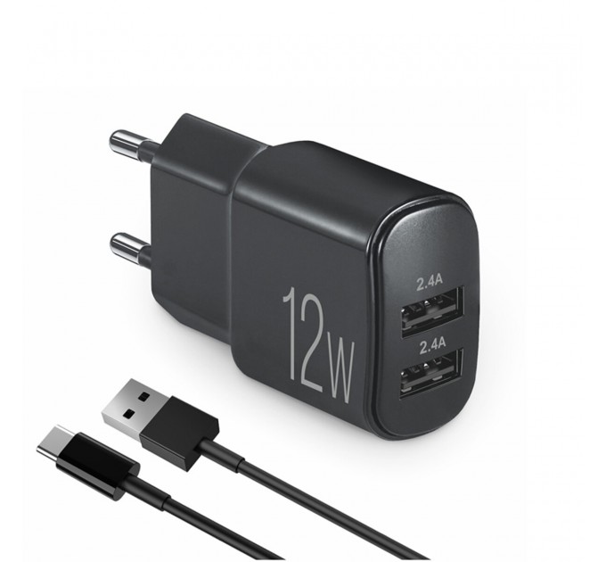 Сетевое зарядное устройство Brevia ePower 12W 2xUSB-A + кабель USB-A to USB-C 1м черный, цена: 319 грн.