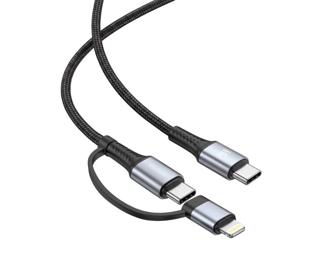Кабель Brevia Type-C to Type-C/Lightning 60W 1,2м, чорний box, ціна: 330 грн.