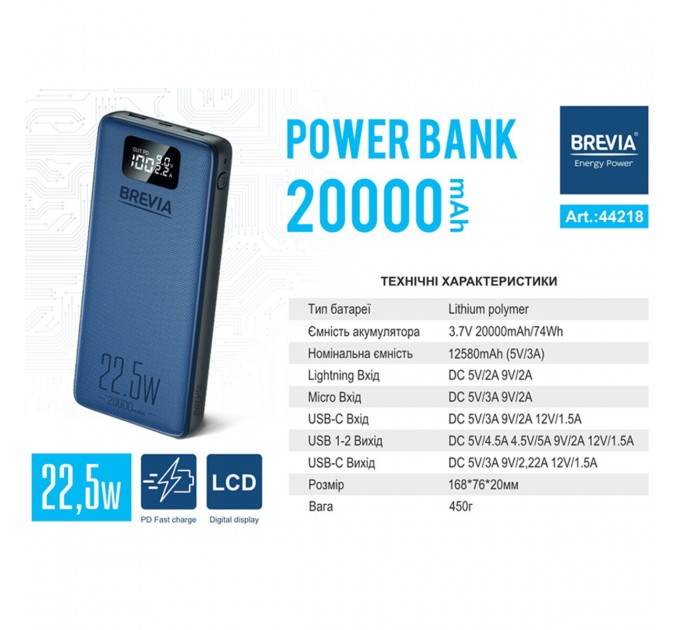 Универсальная мобильная батарея Brevia 20000mAh 22,5W Li-Pol, LCD, цена: 953 грн.