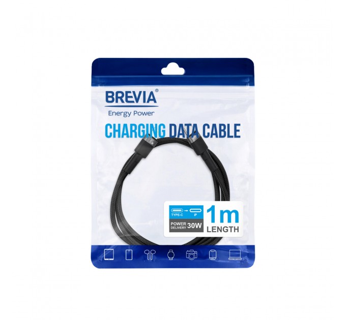 Кабель Brevia Type-C to Lightning 30W 1м, черный ZIP, цена: 235 грн.