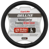 Чохол на кермо Carlife 39-41см, шкіра, чорний, біла гума, один шов SW340L