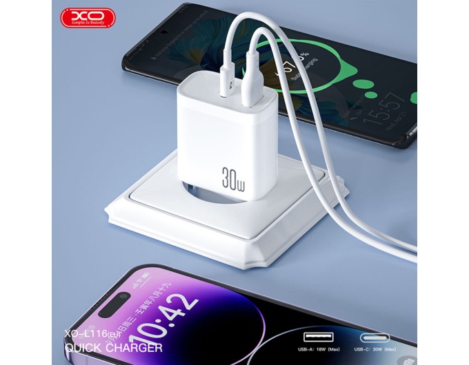 Сетевое зарядное устройство XO L116 PD30W/QC18W 1USB-C+1USB-A Type-C кабель белый, цена: 399 грн.