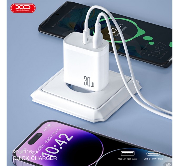 Сетевое зарядное устройство XO L116 PD30W/QC18W 1USB-C+1USB-A Type-C кабель белый, цена: 299 грн.