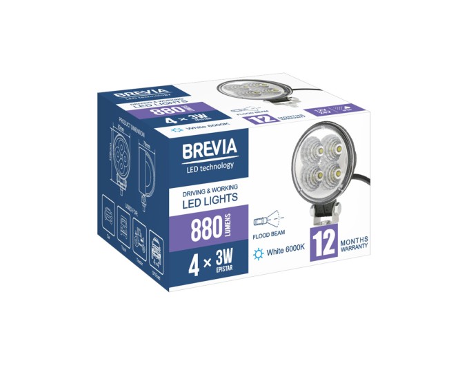 Фара світлодіодна Brevia Epistar Flood 10-30V, 12W (4x3W), 880Lm, 1шт, ціна: 237 грн.
