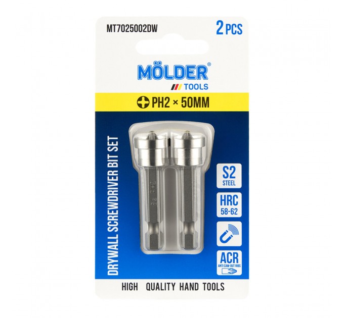 Набор бит Molder с ограничителем для гипсокартона PH2x50мм 2шт, цена: 49 грн.