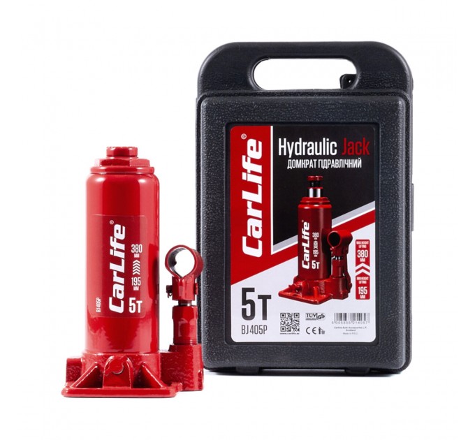 Домкрат гидравлический бутылочный CarLife 5т 195-380мм в кейсе, цена: 902 грн.