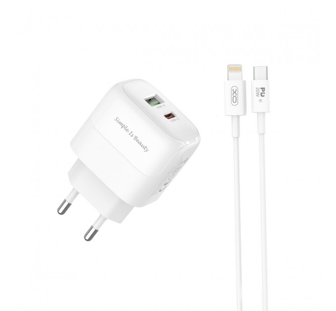 Сетевое зарядное устройство XO L137 PD20W/QC18W 1USB-A+1USB-C + Lightning кабель белый, цена: 269 грн.