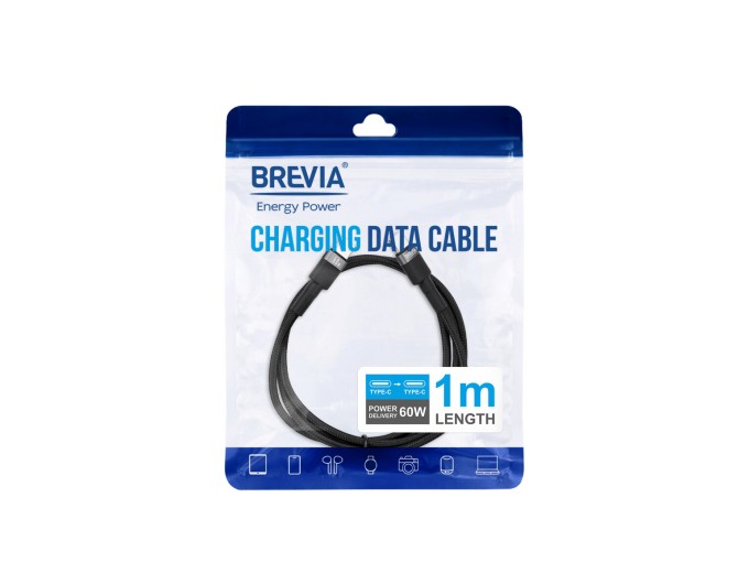 Кабель Brevia Type-C to Type-C 60W 1м, чорний ZIP, ціна: 171 грн.