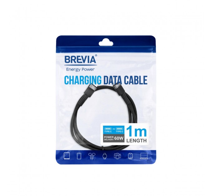 Кабель Brevia Type-C to Type-C 60W 1м, черный ZIP, цена: 167 грн.
