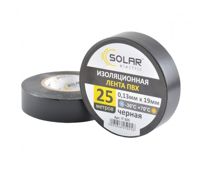 Стрічка ізоляційна ПВХ Solar, 0.13mm x 19mm, 25м, чорна, ціна: 35 грн.