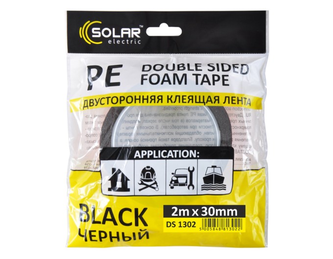 Лента клейкая двусторонняя Solar, PE, черная, 30ммx2м, цена: 17 грн.