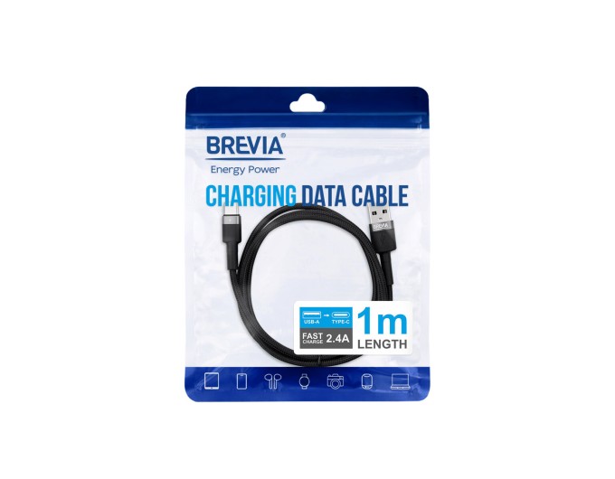 Кабель Brevia USB to Type-C 2,4А 1м, чорний ZIP, ціна: 141 грн.