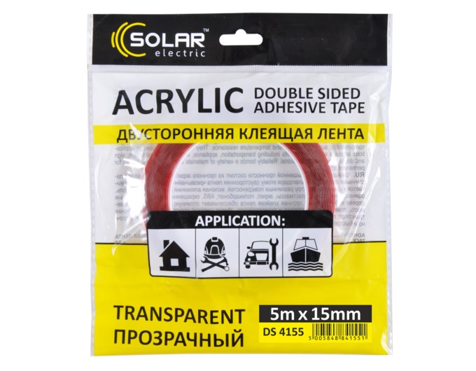 Стрічка клеюча двостороння Solar, ACRYLIC (VHB), прозора, 15ммx5м, ціна: 157 грн.
