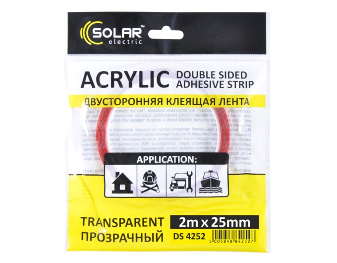 Стрічка клеюча двостороння Solar, ACRYLIC (VHB), прозора, 25ммx2м, ціна: 111 грн.