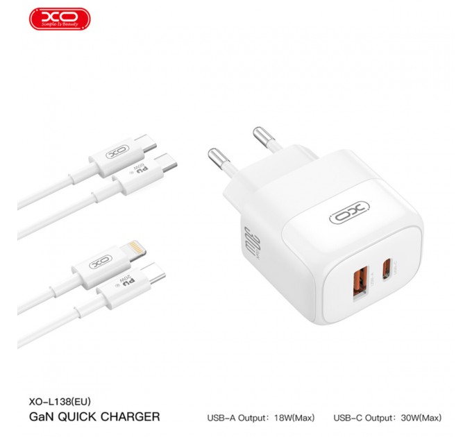 Сетевое зарядное устройство XO L138 PD30W/QC18W 1USB-A+1USB-C + Type-c кабель белый, цена: 379 грн.