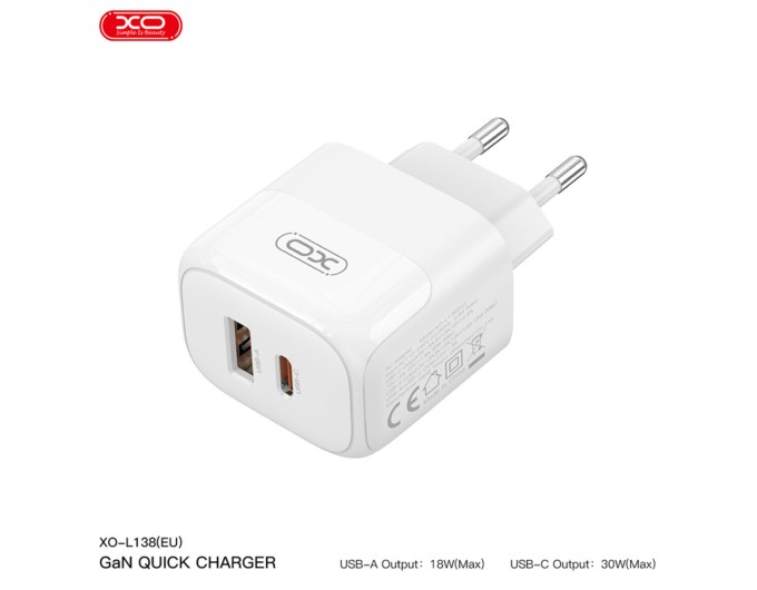 Сетевое зарядное устройство XO L138 PD30W/QC18W 1USB-A+1USB-C + Type-c кабель белый, цена: 419 грн.