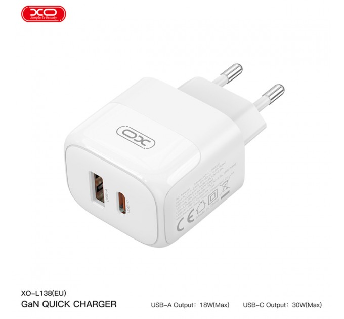Сетевое зарядное устройство XO L138 PD30W/QC18W 1USB-A+1USB-C + Type-c кабель белый, цена: 379 грн.
