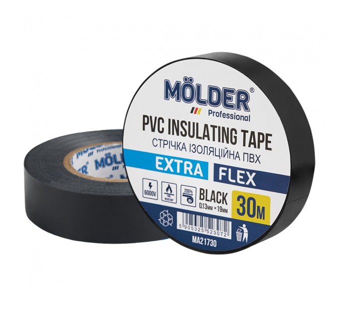 Стрічка ізоляційна ПВХ Molder 0,13x19мм 30м чорна, професійна, вогнетривка, ціна: 53 грн.