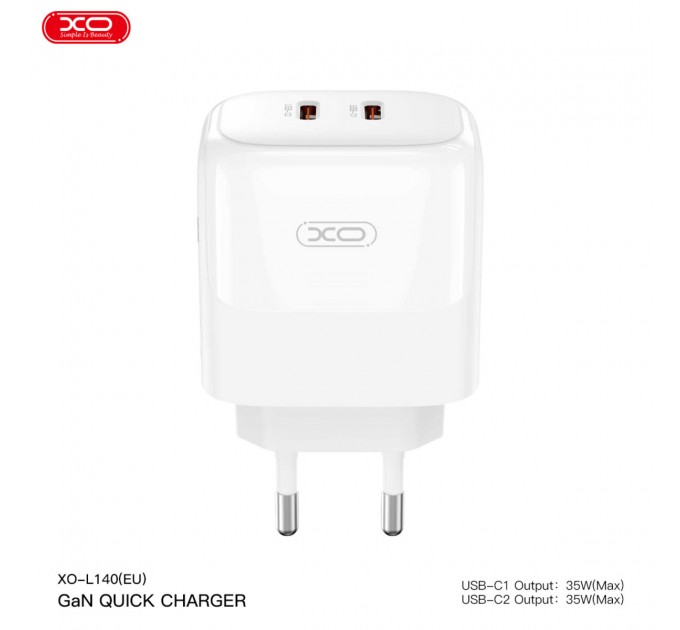 Сетевое зарядное устройство XO L140 Dual C35W 2USB-C белый, цена: 379 грн.