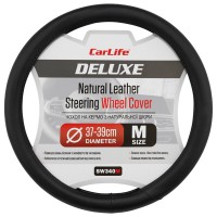 Чохол на кермо Carlife 37-39см, шкіра, чорний, біла гума, один шов