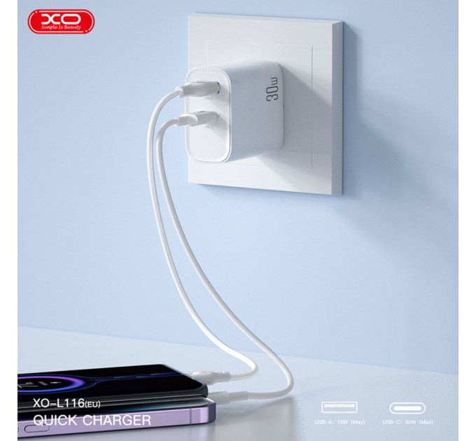 Сетевое зарядное устройство XO L116 PD30W/QC18W 1USB-C+1USB-A + Lightning кабель белый, цена: 299 грн.