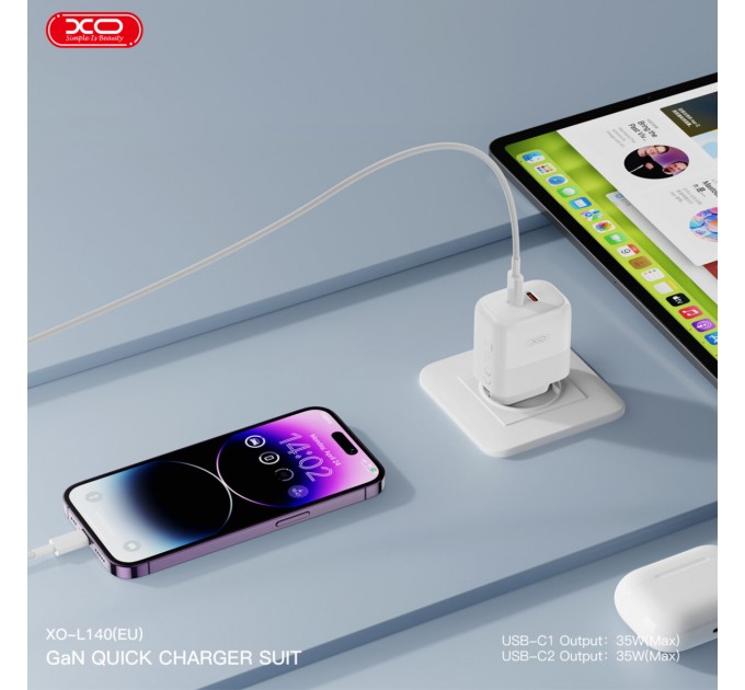 Сетевое зарядное устройство XO L140 Dual C35W 2USB-C белый, цена: 379 грн.