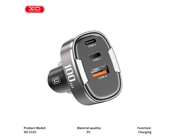 Автомобильное зарядное устройство XO CC61 Smart USB/Type-C/Lightning 100W серебряное, цена: 549 грн.