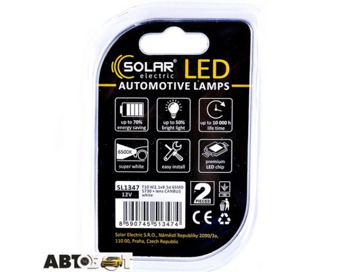 LED лампа SOLAR T10 W2.1x9.5d 12V 6SMD 5730 CANBUS white SL1347 (2 шт.), ціна: 150 грн.