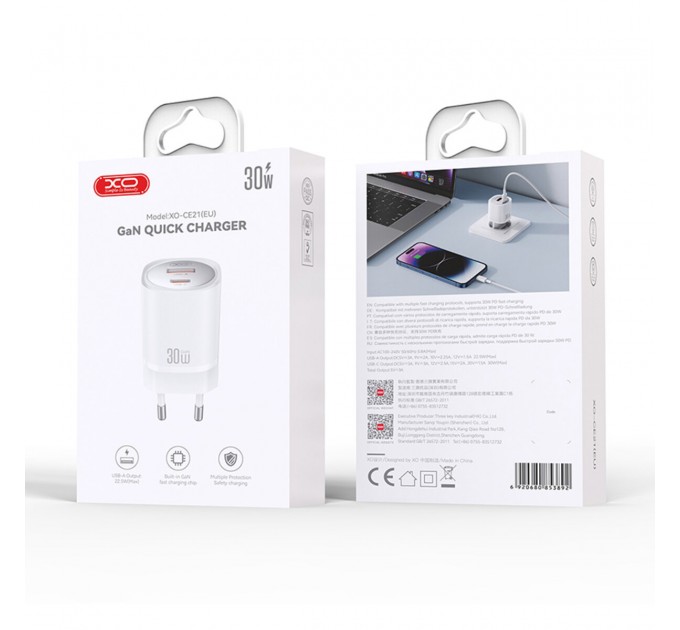 Сетевое зарядное устройство XO CE21 PD30W/PPS33W 1USB-A+1USB-C белый, цена: 399 грн.