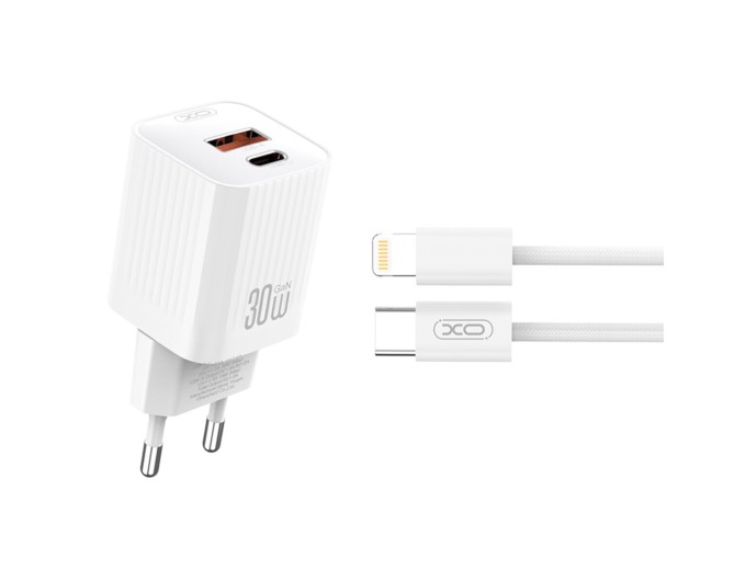 Сетевое зарядное устройство XO L149 PD30W 1USB-A+1USB-C + Lightning кабель белый, цена: 389 грн.