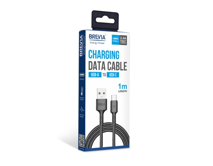 Кабель Brevia USB to Type-C 2,4А 1м, чорний box, ціна: 77 грн.