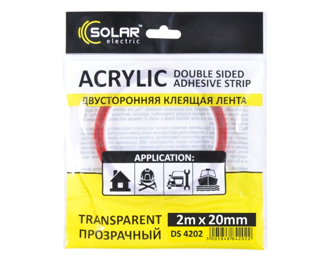 Лента клейкая двусторонняя Solar, ACRYLIC (VHB), прозрачная, 20ммx2м, цена: 88 грн.