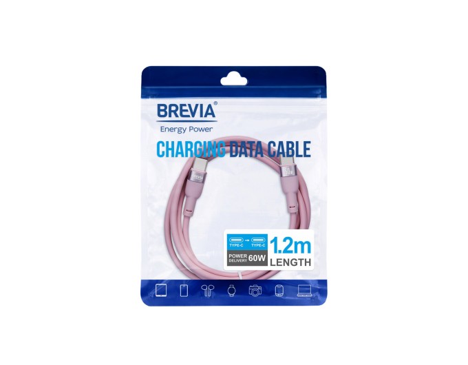 Кабель Brevia Type-C to Type-C 60W 1,2м, рожевий ZIP, ціна: 154 грн.