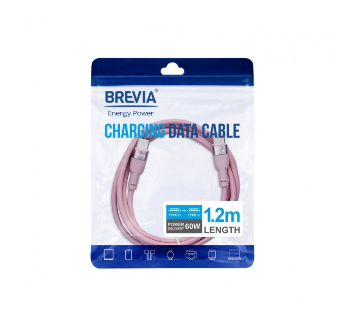 Кабель Brevia Type-C to Type-C 60W 1,2м, розовый ZIP, цена: 150 грн.