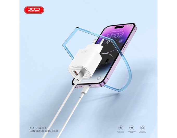 Сетевое зарядное устройство XO L130 PD30W/QC18W 1USB-C+1USB-A + Lightning кабель белый, цена: 399 грн.