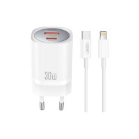 Сетевое зарядное устройство XO CE21 PD30W/PPS33W 1USB-A+1USB-C + Lightning кабель белый