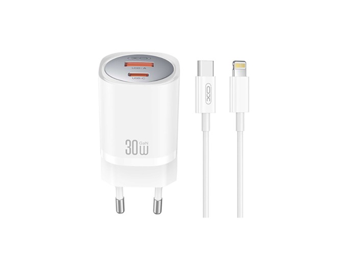 Сетевое зарядное устройство XO CE21 PD30W/PPS33W 1USB-A+1USB-C + Lightning кабель белый, цена: 569 грн.