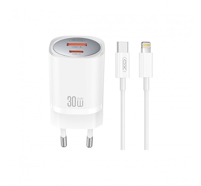 Сетевое зарядное устройство XO CE21 PD30W/PPS33W 1USB-A+1USB-C + Lightning кабель белый, цена: 469 грн.