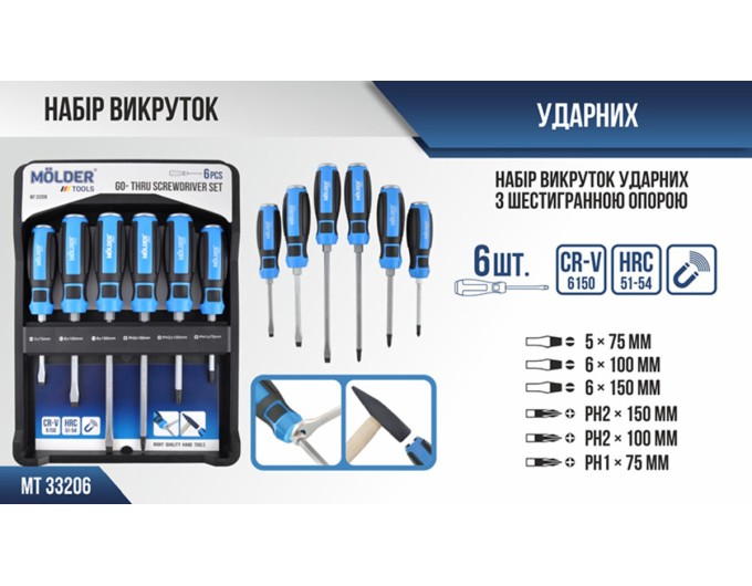 Набір викруток Molder ударні з шестигранною опорою 6шт MT33206, ціна: 861 грн.
