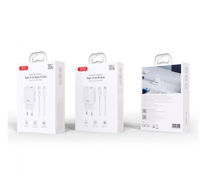 Сетевое зарядное устройство XO L130 PD30W/QC18W 1USB-C+1USB-A + Lightning кабель белый, цена: 359 грн.