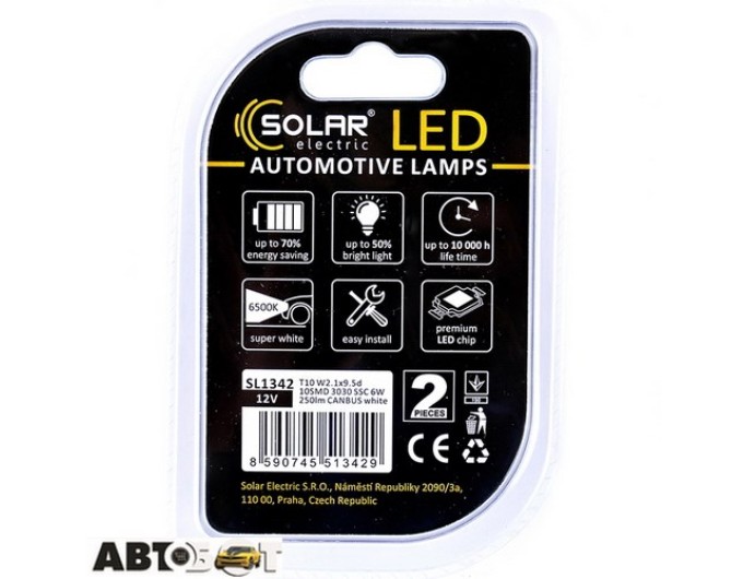 LED лампа SOLAR T10 W2.1x9.5d 12V 10SMD 3030 SSC CANBUS white SL1342 (2 шт.), ціна: 547 грн.