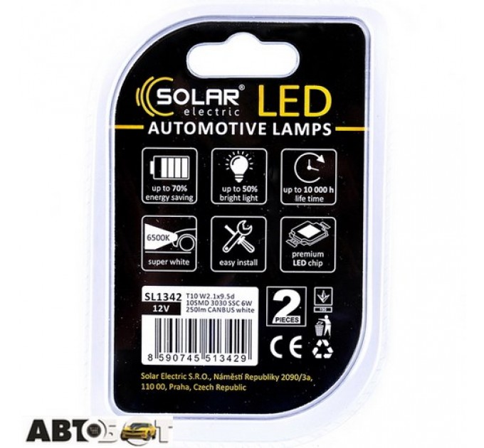 LED лампа SOLAR T10 W2.1x9.5d 12V 10SMD 3030 SSC CANBUS white SL1342 (2 шт.), ціна: 479 грн.