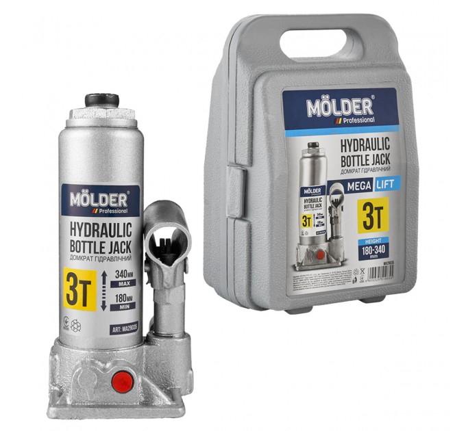 Домкрат гідравлічний пляшковий Molder 3т 180-340мм у кейсі, ціна: 891 грн.