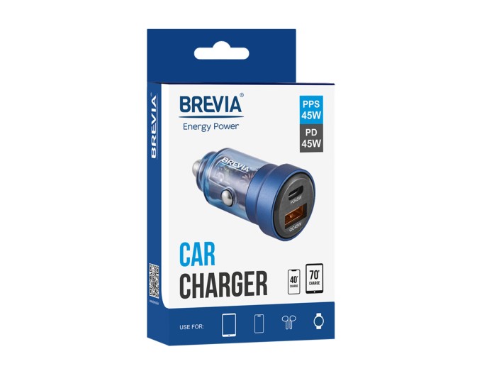 Автомобільний зарядний пристрій Brevia ePower DualCharge 45W 1xUSB-C+1xUSB-A, прозорий синій, ціна: 300 грн.