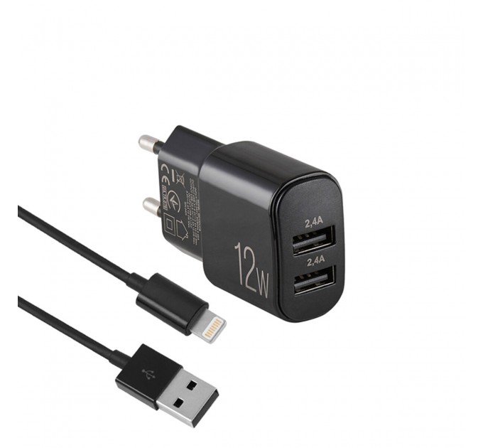 Сетевое зарядное устройство Brevia ePower 12W 2xUSB-A + кабель USB-A to Lightning 1м черный, цена: 319 грн.