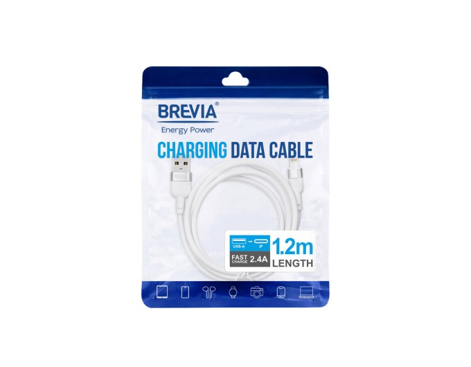 Кабель Brevia USB to Lightning 2,4A 1,2м, білий ZIP, ціна: 139 грн.