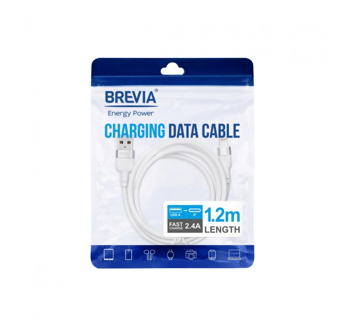 Кабель Brevia USB to Lightning 2,4A 1,2м, белый ZIP, цена: 136 грн.