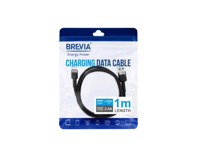 Кабель Brevia USB to Lightning 2,4А 1м, чорний ZIP, ціна: 147 грн.
