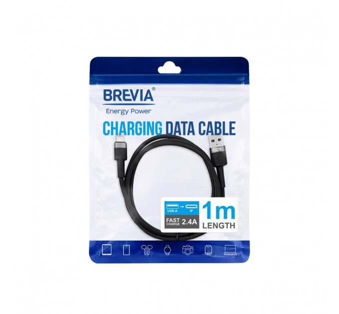 Кабель Brevia USB to Lightning 2,4А 1м, черный ZIP, цена: 143 грн.